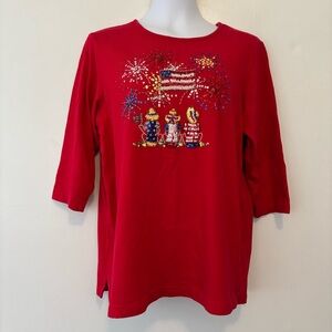 Quacker Factory red Fourth of July shirt Fireworks sequin size large flag